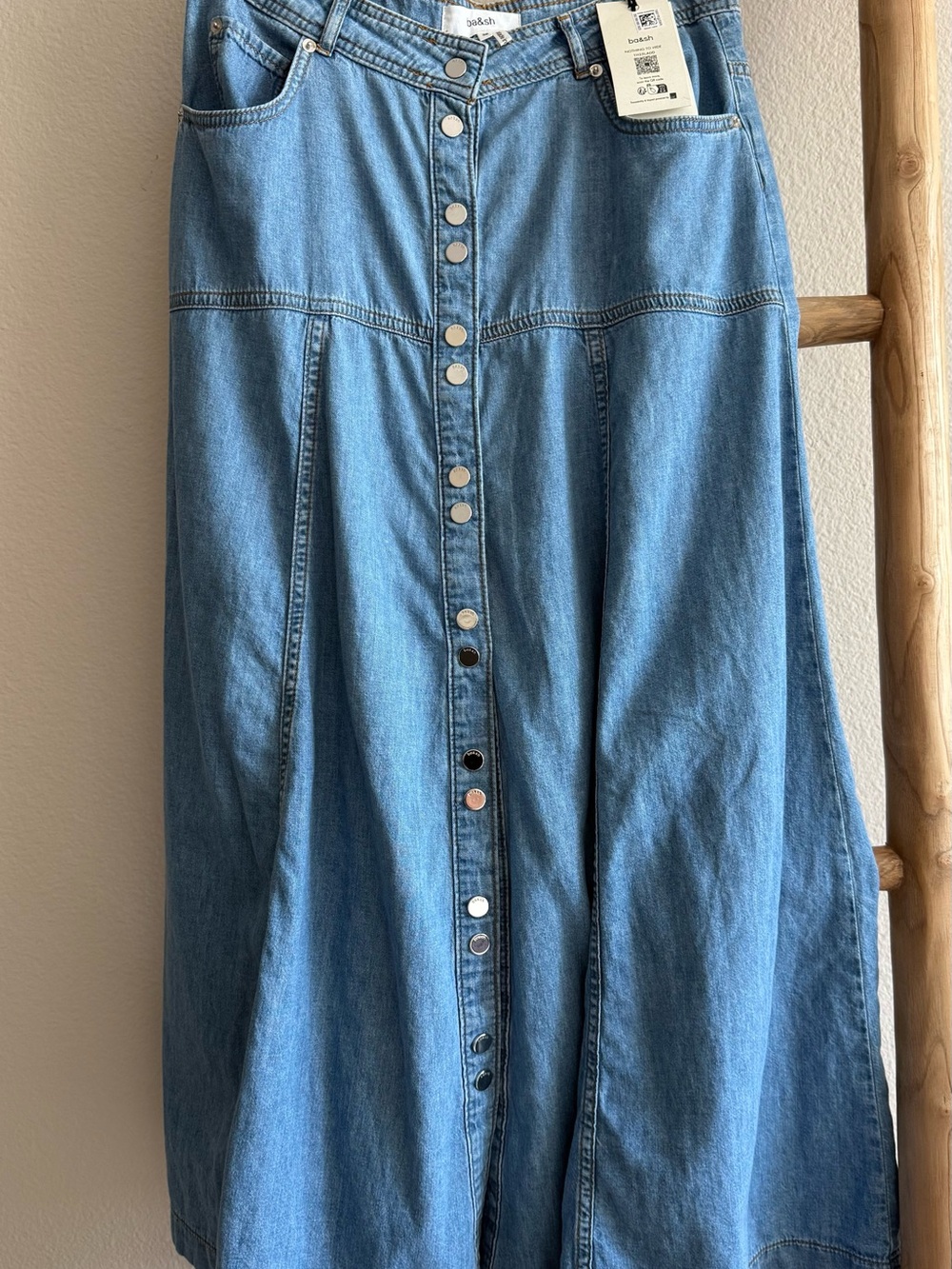 ba&sh Light Blue Denim Long Flared Skirt with Front Buttons, Size 38 NWT
